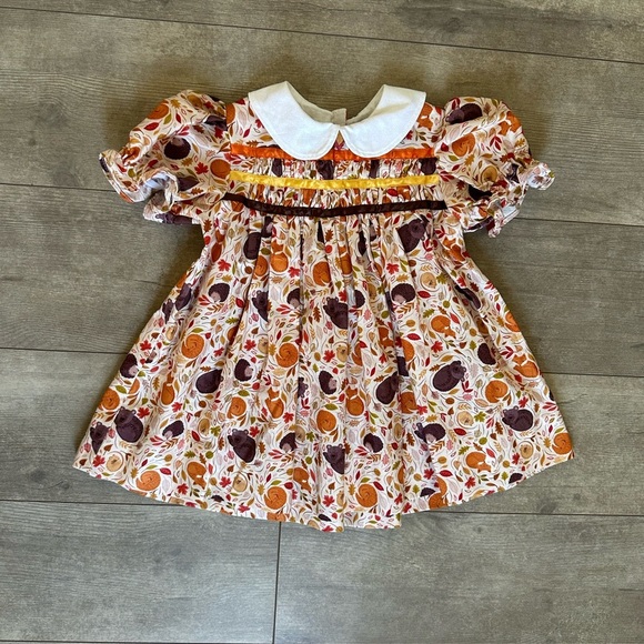 Boutique Hand Smocked Fall Leaves & Animals Handmade Baby Girl Dress 12-18 M - Picture 8 of 11